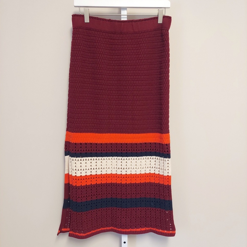 Free People Far From Here Burgundy Multi Color Striped Boho Crochet Midi Skirt L
